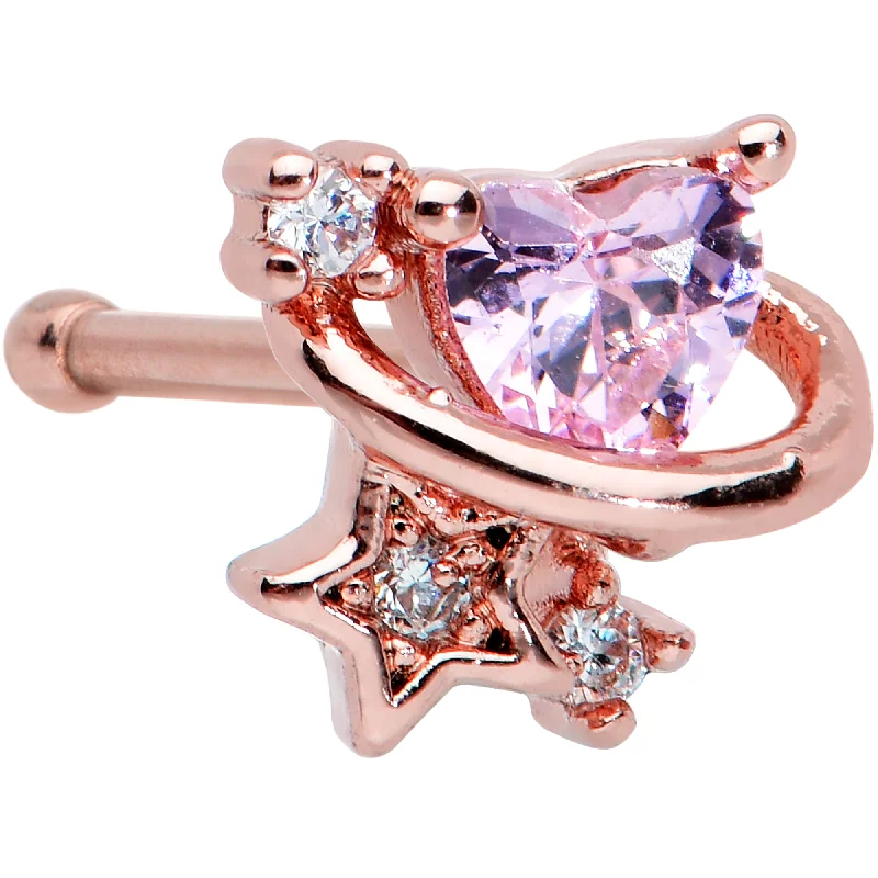 Nose Rings with Simple Finish -20 Gauge 1/4 Clear Pink Gem Rose Gold Tone Heart Star Nose Bone Nose Rings with Simple Finish -20 Gauge 1/4 Clear Pink Gem Rose Gold Tone Heart Star Nose Bone
