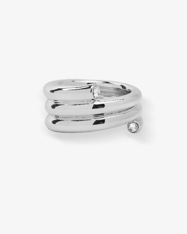 Chic Women's Rings for Fashion-Forward Looks-Spiral Ring - Silver|White Diamondettes