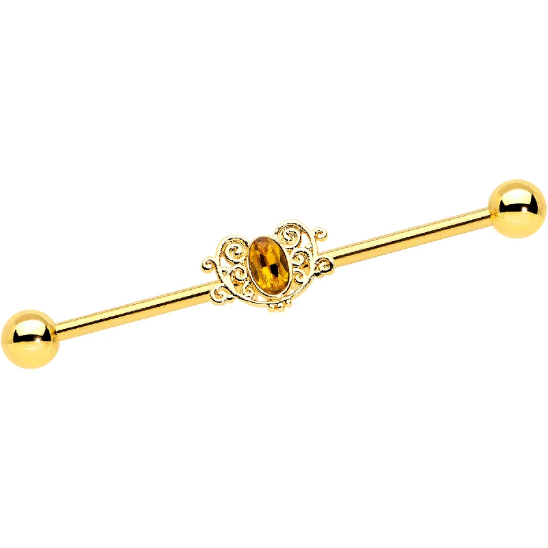 Women's Earrings – Elegant Designs for Every Personality--14 Gauge Yellow Gem Gold Tone Duet Scroll Industrial Barbell 38mm Women's Earrings – Elegant Designs for Every Personality--14 Gauge Yellow Gem Gold Tone Duet Scroll Industrial Barbell 38mm
