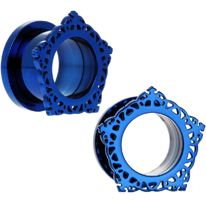 Women's Earrings – Elegant Designs for Every Personality--9/16 Blue PVD Filigree Frame Screw Fit Tunnel Plug Set Women's Earrings – Elegant Designs for Every Personality--9/16 Blue PVD Filigree Frame Screw Fit Tunnel Plug Set