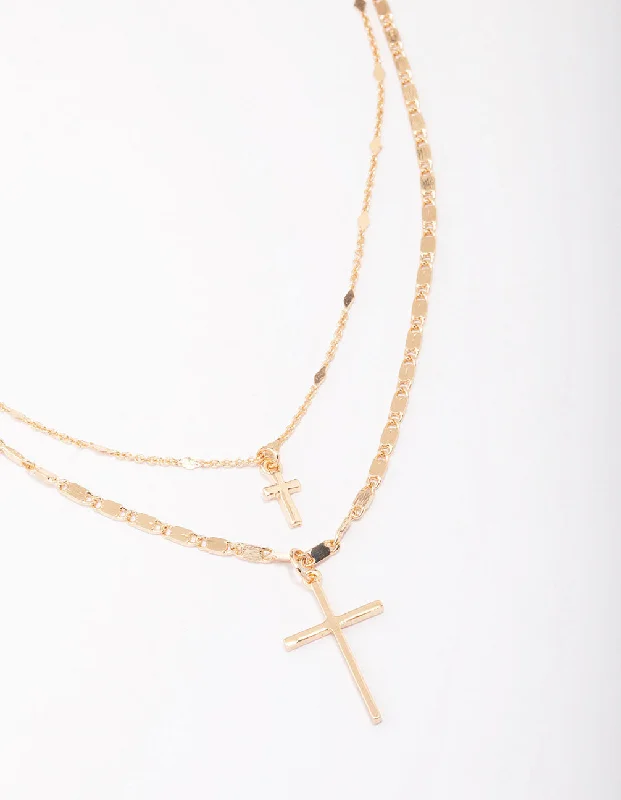 Shop Classic Women's Necklaces & Pendants with a Modern Twist-Gold Double Cross Layered Necklace Shop Classic Women's Necklaces & Pendants with a Modern Twist-Gold Double Cross Layered Necklace