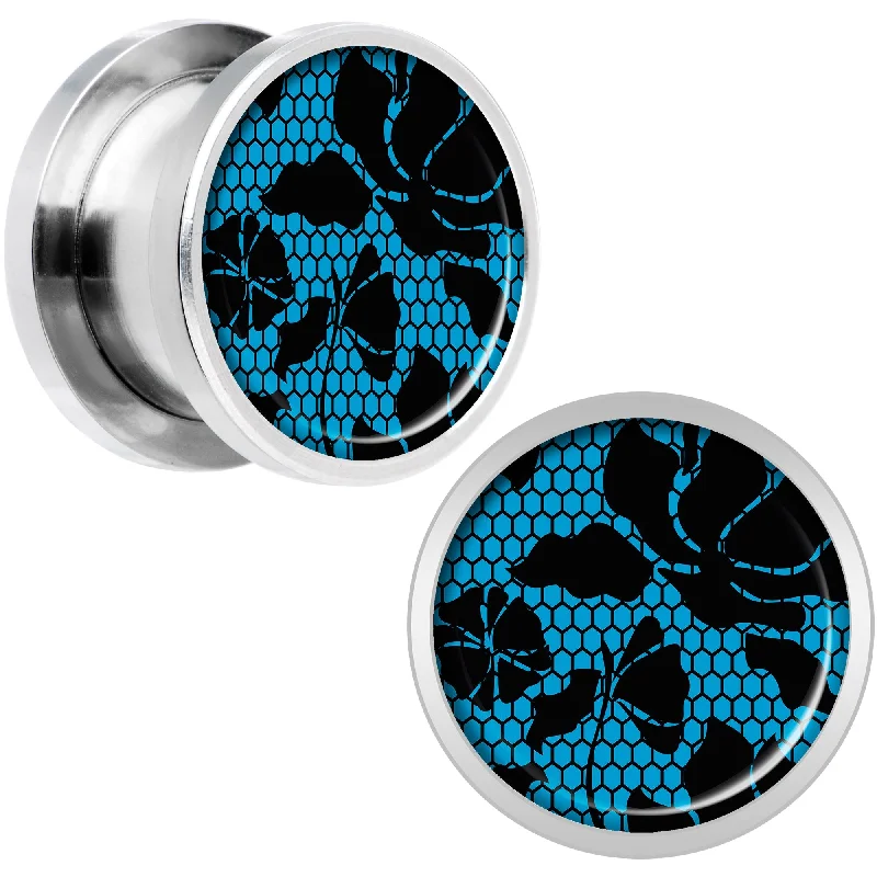 Women's Earrings – Elegant Designs for Every Personality--Blue Floral Lace Steel Screw Fit Plug Set 1/2