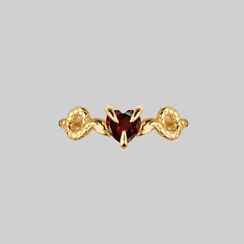 Chic Women's Rings for Fashion-Forward Looks-DESIRE. Snakes & Heart Garnet Ring - Gold Chic Women's Rings for Fashion-Forward Looks-DESIRE. Snakes & Heart Garnet Ring - Gold