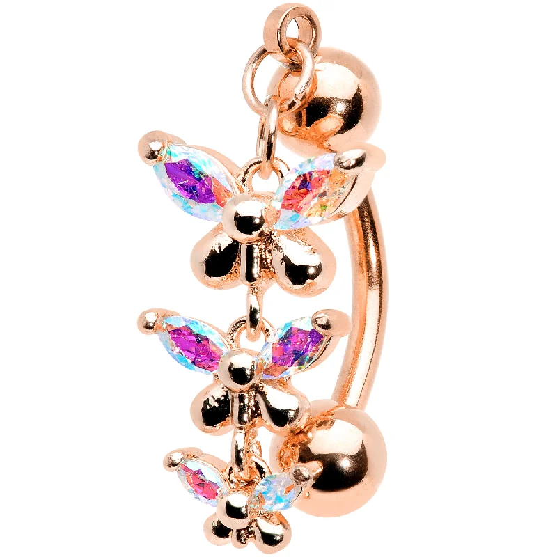 Trendy Belly Rings for Everyday Fashion -Aurora Gem Rose Gold Tone Butterflies Top Mount Dangle Belly Ring