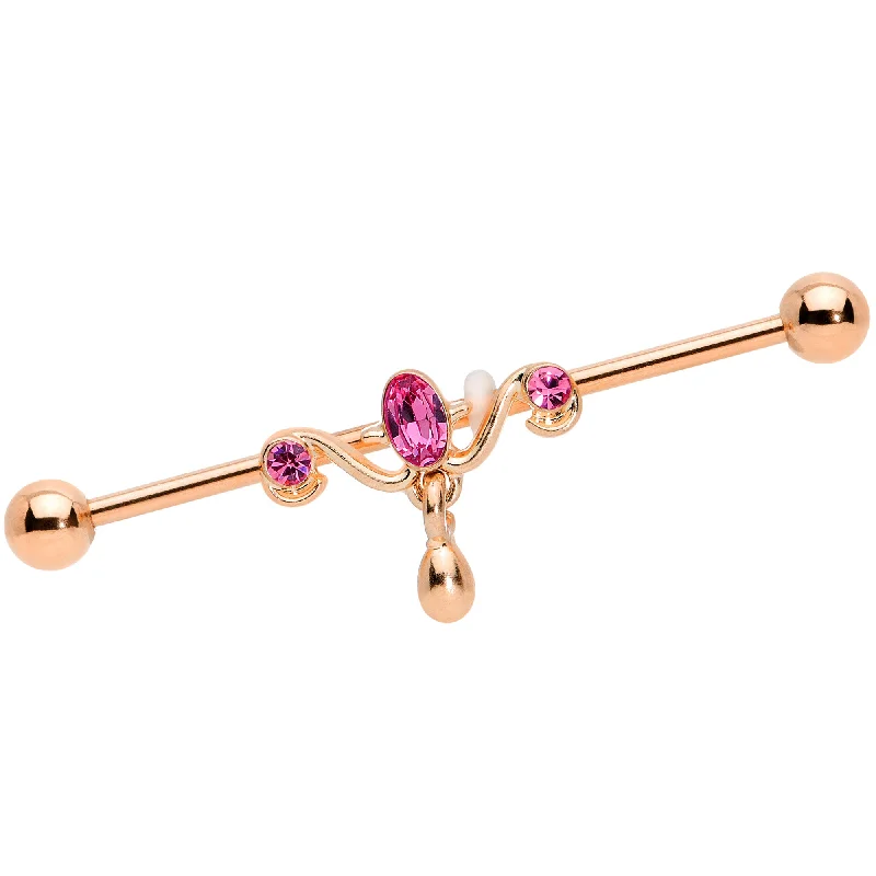 Women's Earrings – Elegant Designs for Every Personality--14 Gauge Pink Gem Rose Gold Tone Drop Dangle Industrial Barbell 38mm
