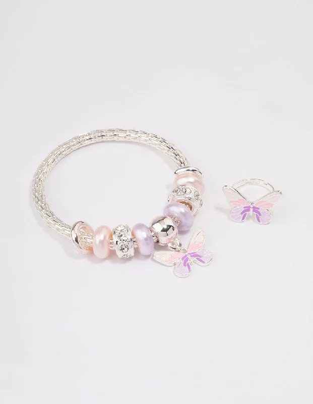 Sterling Silver Wedding Bangles for Women-Kids Silver Stretch Glitter Butterfly Bracelet & Ring Set Sterling Silver Wedding Bangles for Women-Kids Silver Stretch Glitter Butterfly Bracelet & Ring Set