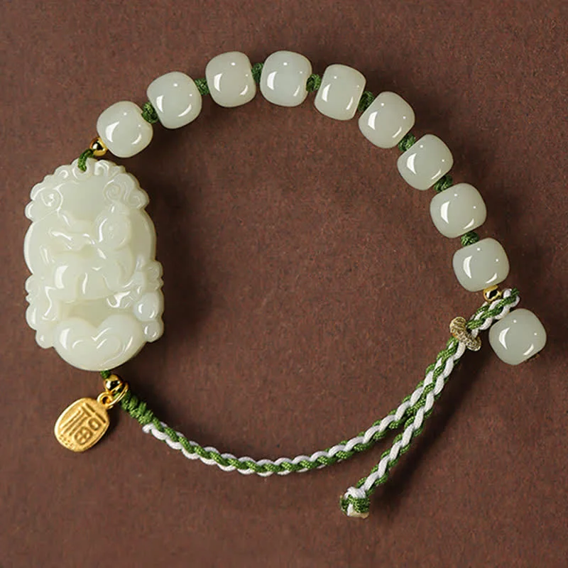 Women's Bangles with Pearl Details-Buddha Stones 925 Sterling Silver Chinese Zodiac Hetian Jade Happiness Luck String Bracelet