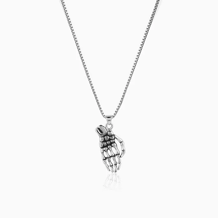 Shop Durable Men's Earrings for Everyday Wear-Oxidised Silver Skeletal Hand Pendant With Box Chain For Him Shop Durable Men's Earrings for Everyday Wear-Oxidised Silver Skeletal Hand Pendant With Box Chain For Him