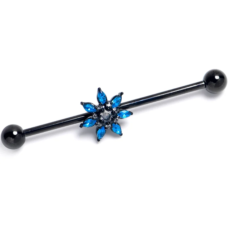 Women's Earrings – Elegant Designs for Every Personality--14 Gauge Blue Clear Gem Black Goth Flower Industrial Barbell 38mm