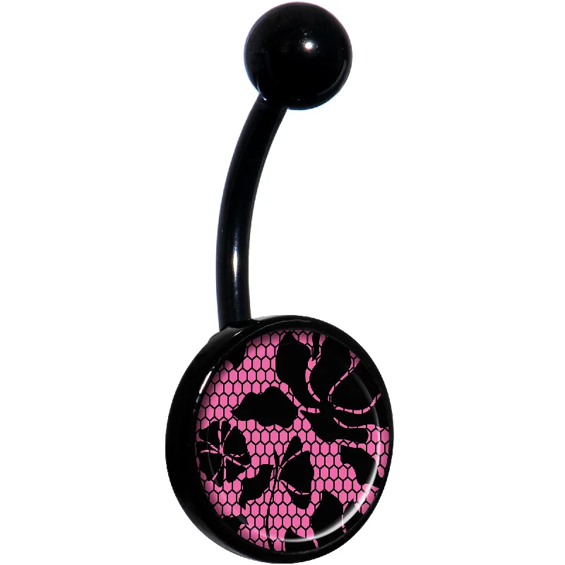 Beautiful Belly Rings for Glamorous Touch -Pink Floral Lace Black Belly Ring