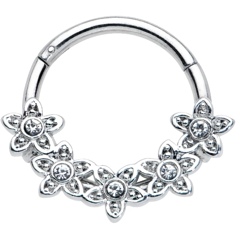 Elegant Nose Rings with Minimalist Design -16 Gauge 3/8 Clear Gem Foxy Floral Hinged Segment Ring Elegant Nose Rings with Minimalist Design -16 Gauge 3/8 Clear Gem Foxy Floral Hinged Segment Ring