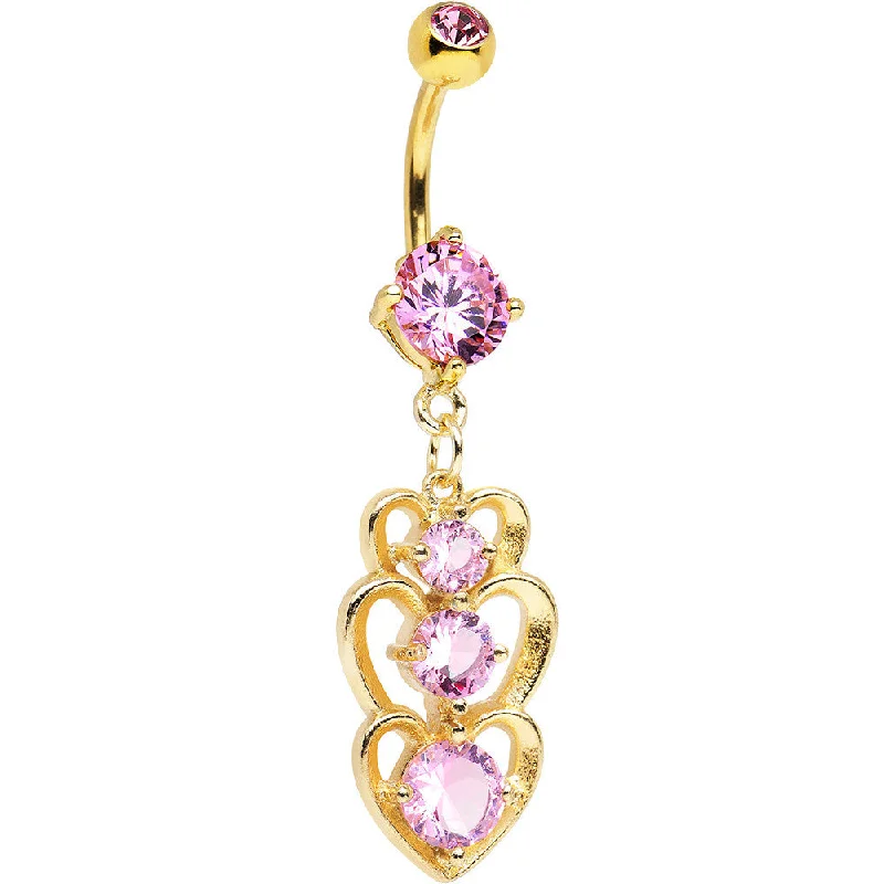 Belly Rings with Colorful Accents for Bold Style -Pink Cubic Zirconia Gold PVD Trio of Hearts Dangle Belly Ring Belly Rings with Colorful Accents for Bold Style -Pink Cubic Zirconia Gold PVD Trio of Hearts Dangle Belly Ring