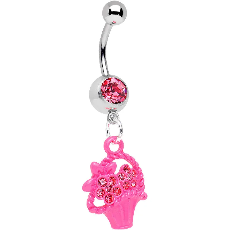 Stunning Belly Rings with Unique Accents -Pink Gem Bow Tied Pink Flower Basket Dangle Belly Ring Stunning Belly Rings with Unique Accents -Pink Gem Bow Tied Pink Flower Basket Dangle Belly Ring