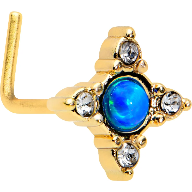 Glamorous Nose Rings for Fashion -20 Gauge 1/4 Blue Synthetic Opal Gold Hue Rhombus L Shape Nose Ring Glamorous Nose Rings for Fashion -20 Gauge 1/4 Blue Synthetic Opal Gold Hue Rhombus L Shape Nose Ring