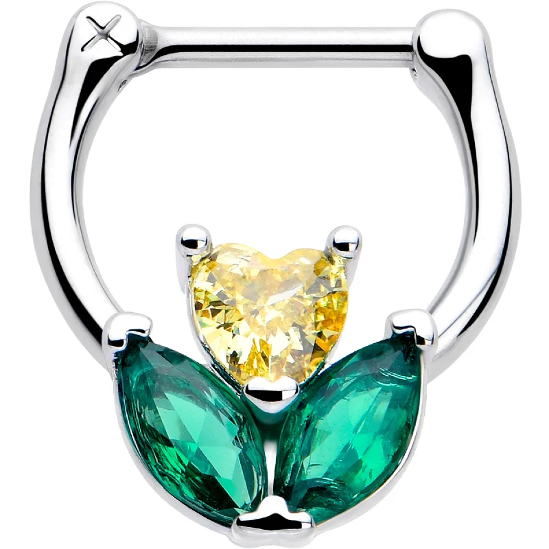 Nose Rings for Concert Look -16 Gauge 5/16 Yellow Green CZ Gem Love Flower Cartilage Clicker