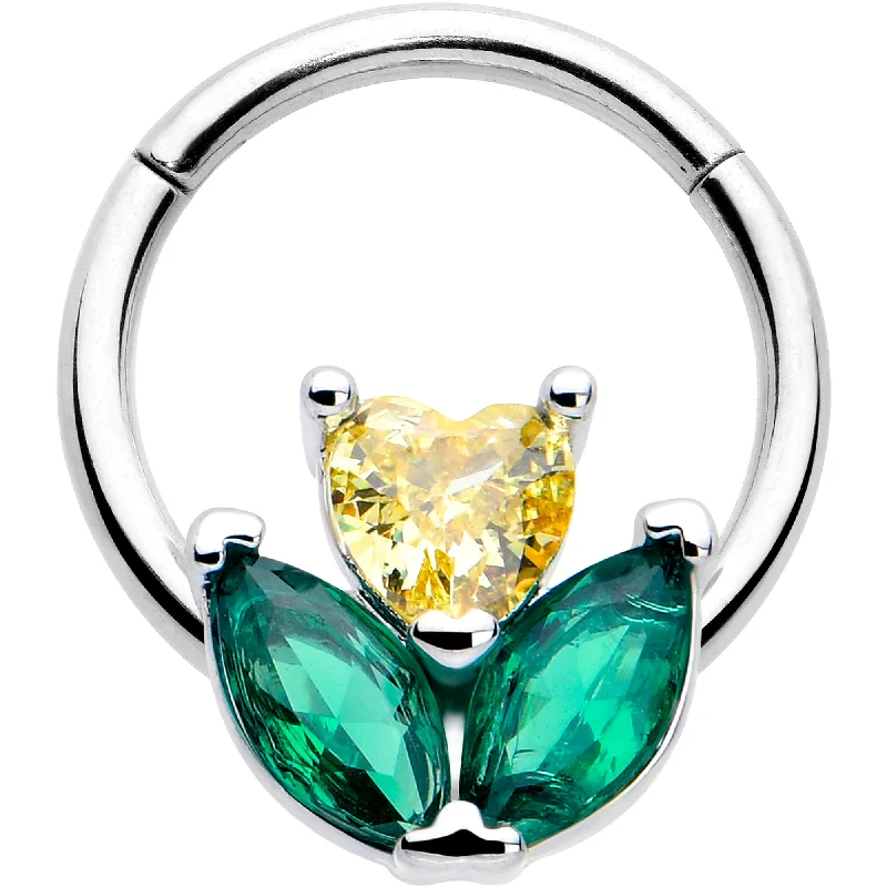 Nose Rings with Simple Designs -16 Gauge 5/16 Yellow Green CZ Gem Love Flower Hinged Segment Ring