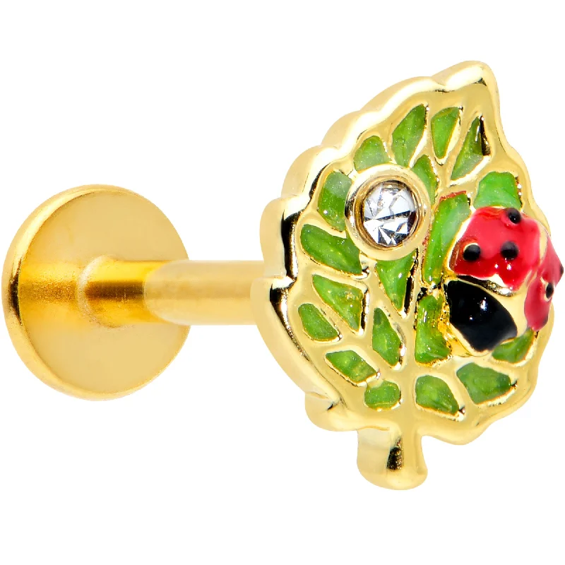 Sparkling Lip Rings with Multi-Stones16 Gauge 5/16 Clear Gem Gold Tone Leafy Ladybug Labret Monroe Tragus
