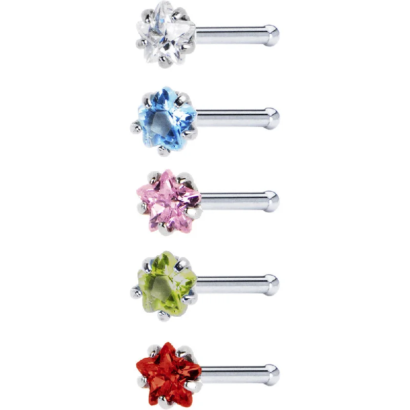 Nose Rings with Citrine Stones -18 Gauge Stainless Steel Star CZ Nose Bone Pack Set
