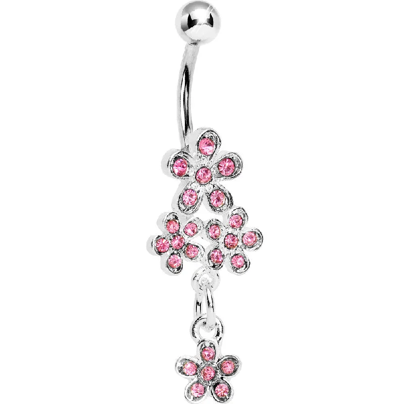 Comfortable Belly Rings for Stylish Piercings -Pink Gem Flower Cluster Drop Belly Ring Comfortable Belly Rings for Stylish Piercings -Pink Gem Flower Cluster Drop Belly Ring
