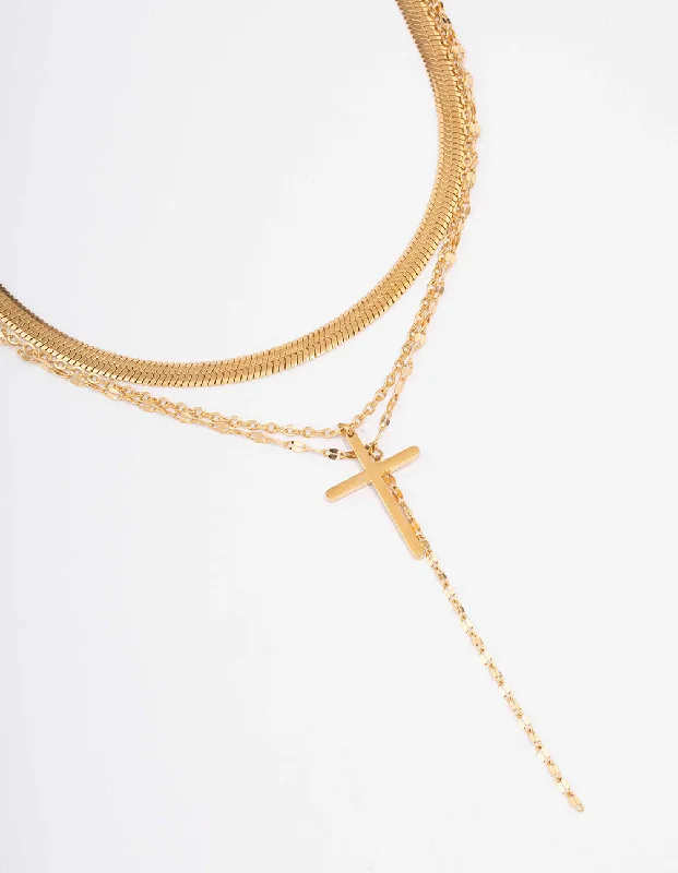 Shop Classic Women's Necklaces & Pendants with a Modern Twist-Waterproof Gold Plated Stainless Steel Multi Chain Cross Layered Necklace Shop Classic Women's Necklaces & Pendants with a Modern Twist-Waterproof Gold Plated Stainless Steel Multi Chain Cross Layered Necklace