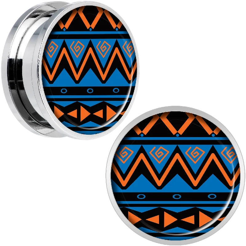 Women's Earrings – Elegant Designs for Every Personality--Blue Orange Tribal Print Steel Screw Fit Plug Set 20mm