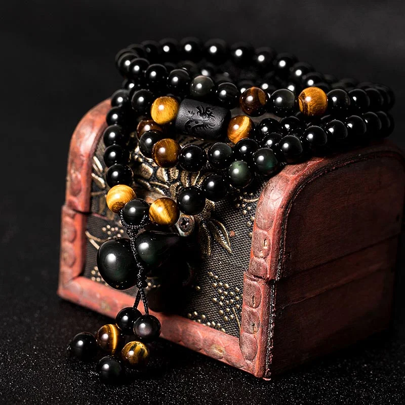 Personalized Leather Wrap Bracelets for Men-Buddha Stones Natural Black Obsidian Rainbow Obsidian Gourd Blessing Bracelet Mala Personalized Leather Wrap Bracelets for Men-Buddha Stones Natural Black Obsidian Rainbow Obsidian Gourd Blessing Bracelet Mala