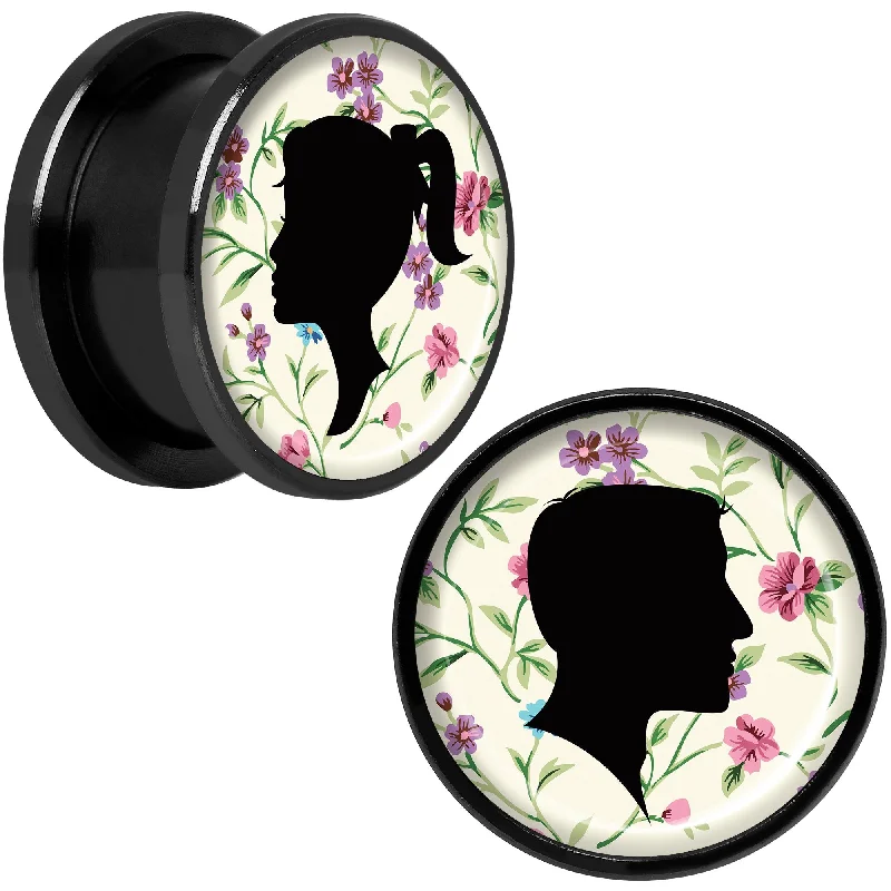 Women's Earrings – Elegant Designs for Every Personality--Man Woman Floral Silhouette Black Anodized Screw Fit Plug Set 5/8 Women's Earrings – Elegant Designs for Every Personality--Man Woman Floral Silhouette Black Anodized Screw Fit Plug Set 5/8