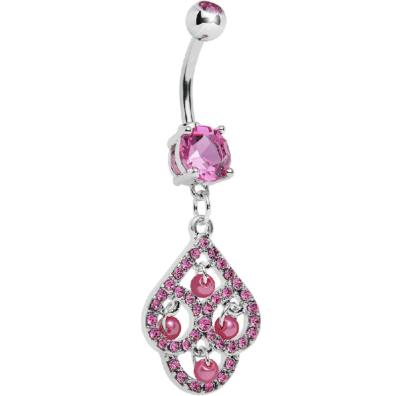 Belly Rings for Fashion Enthusiasts -Pink Gem Faux Pearl Swirl Dangle Belly Ring