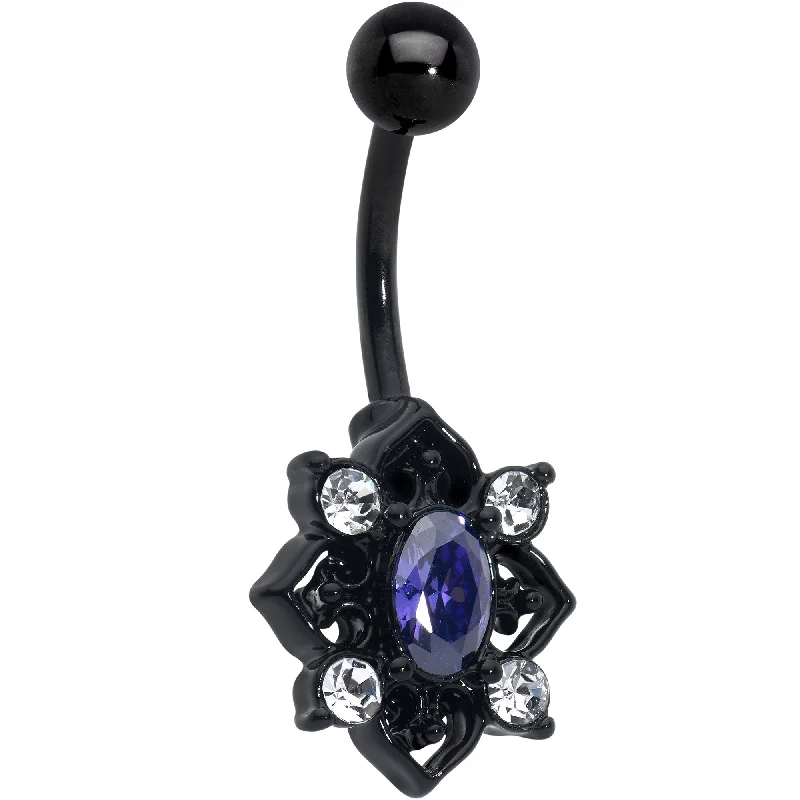 Belly Rings with Stone Accents for Gorgeous Look -Purple Clear Gem Black Scrolling Hearts Belly Ring Belly Rings with Stone Accents for Gorgeous Look -Purple Clear Gem Black Scrolling Hearts Belly Ring