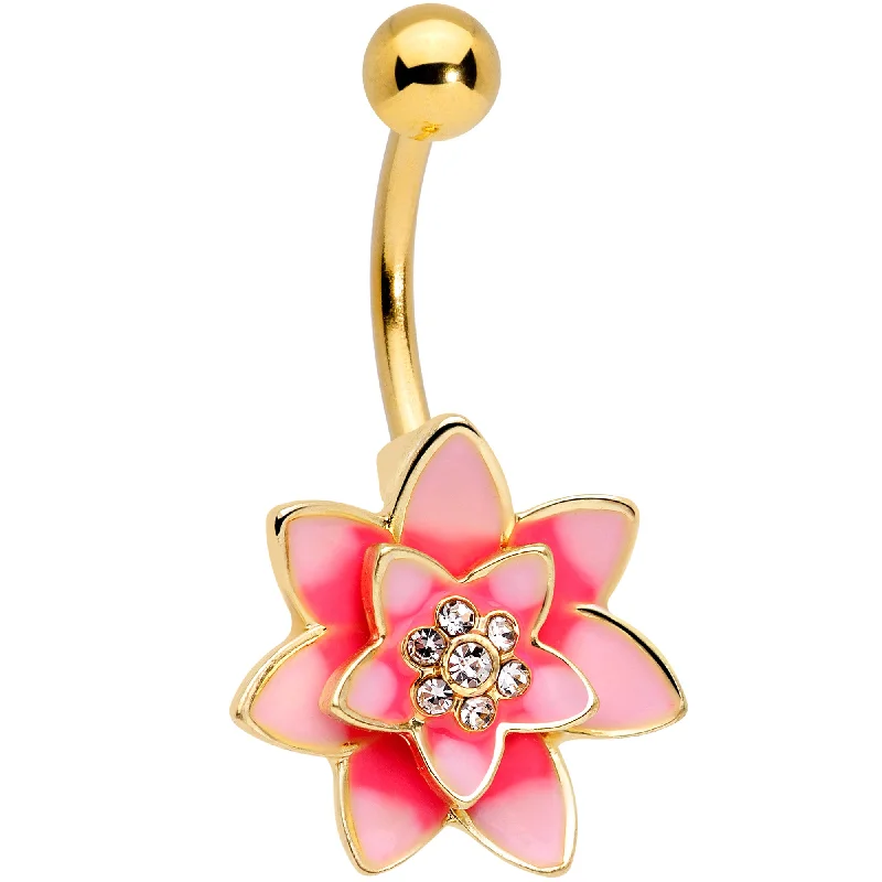 Belly Rings with Glittering Gems for Elegant Style -Clear Gem Gold Tone Pink Red Rose Flower Belly Ring Belly Rings with Glittering Gems for Elegant Style -Clear Gem Gold Tone Pink Red Rose Flower Belly Ring