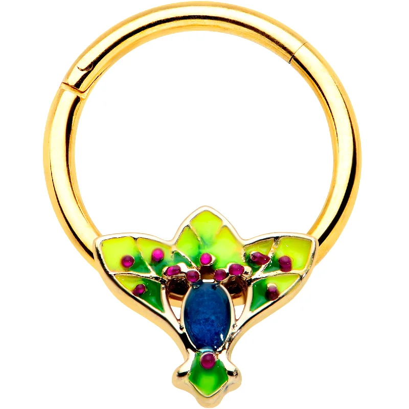 Nose Rings for Sensitive Piercings -16 Gauge 3/8 Blue Gem Gold Tone Tropic Fan Hinged Segment Ring Nose Rings for Sensitive Piercings -16 Gauge 3/8 Blue Gem Gold Tone Tropic Fan Hinged Segment Ring