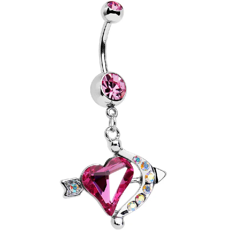 Designer Belly Rings for Fashion-Forward Women -Pink Aurora Gem Cupid Kiss Arrow and Heart Dangle Belly Ring Designer Belly Rings for Fashion-Forward Women -Pink Aurora Gem Cupid Kiss Arrow and Heart Dangle Belly Ring