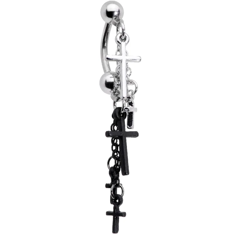 Stylish Belly Rings for Modern Women -Black Silver Tone Cross Chain Top Mount Dangle Belly Ring Stylish Belly Rings for Modern Women -Black Silver Tone Cross Chain Top Mount Dangle Belly Ring
