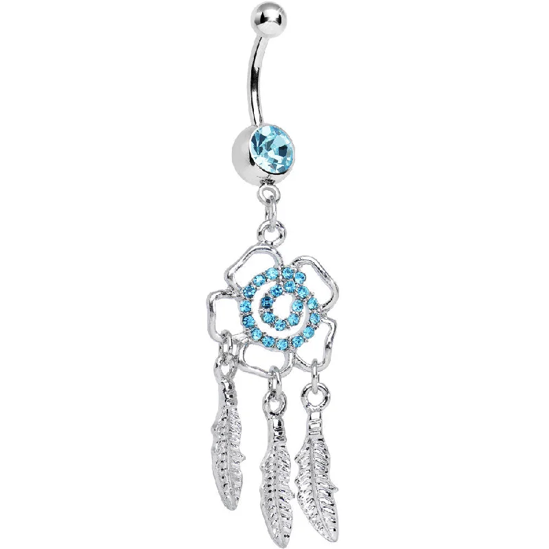 Belly Rings with Unique Charms for Personalized Touch -Aqua Gem Hypnotic Spiral Flower Dreamcatcher Belly Ring Belly Rings with Unique Charms for Personalized Touch -Aqua Gem Hypnotic Spiral Flower Dreamcatcher Belly Ring