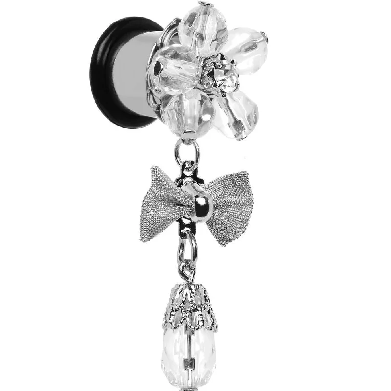 Women's Earrings – Elegant Designs for Every Personality--Steel Clear Flower Mesh Bow Dangle Plug Sizes 5mm to 12mm