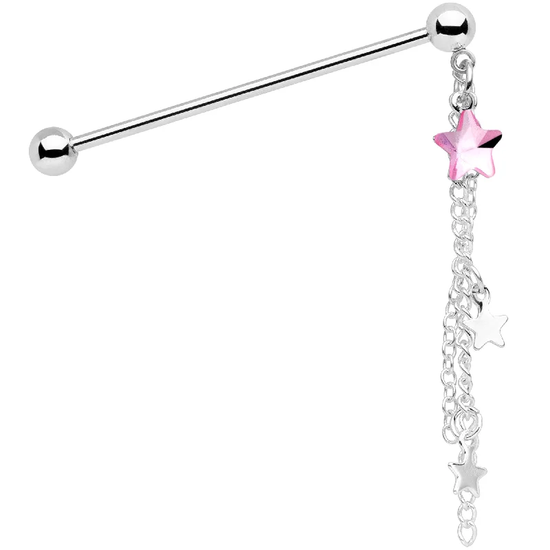 Women's Earrings – Elegant Designs for Every Personality--14 Gauge Pink Gem Stars Dangle Industrial Barbell 38mm
