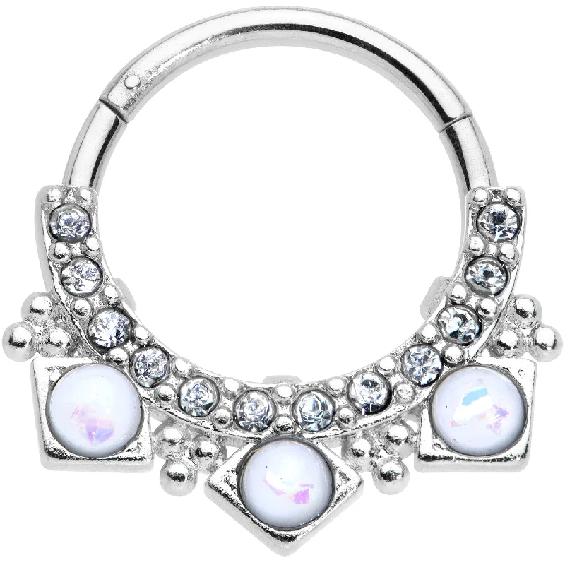 Non-Piercing Nose Rings -16 Gauge 3/8 White Faux Opal Squares Hinged Segment Ring