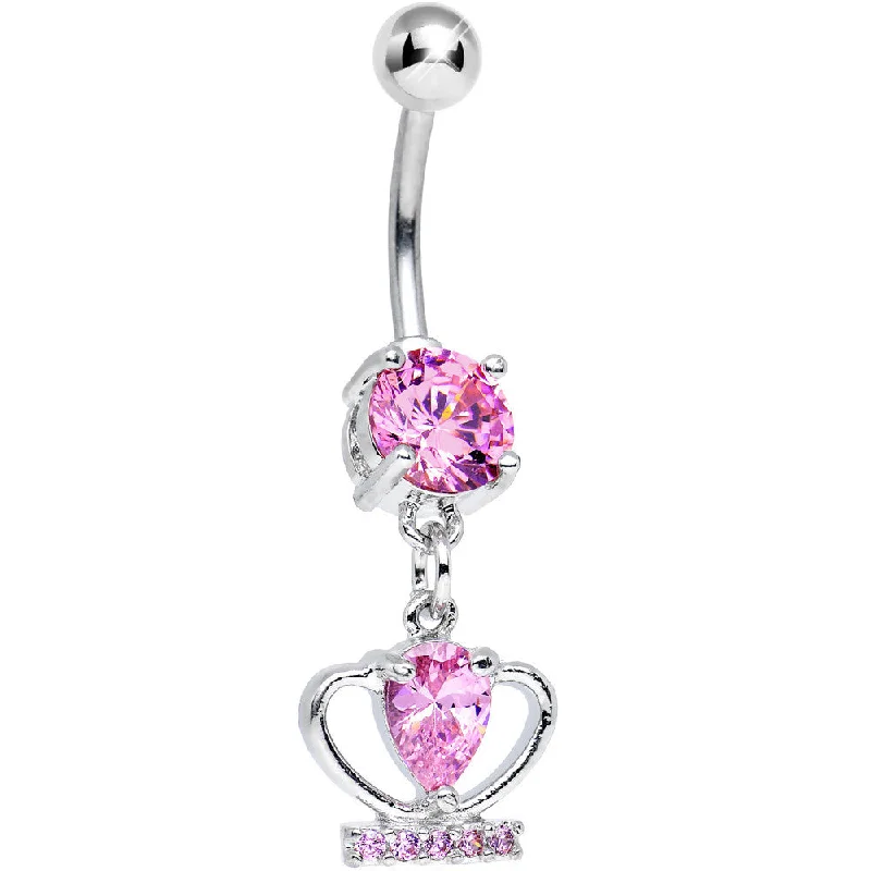 Designer Belly Rings for Bold Looks -Pink Cubic Zirconia Royal Duchess Sparkling Crown Dangle Belly Ring Designer Belly Rings for Bold Looks -Pink Cubic Zirconia Royal Duchess Sparkling Crown Dangle Belly Ring