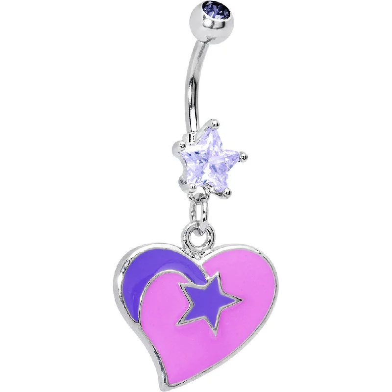 Comfortable Belly Rings with Polished Finish -Pink and Purple Shooting Star Heart Belly Ring Comfortable Belly Rings with Polished Finish -Pink and Purple Shooting Star Heart Belly Ring
