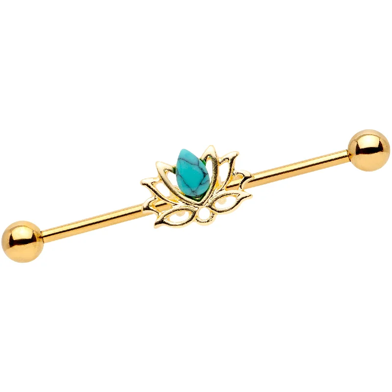 Women's Earrings – Elegant Designs for Every Personality--14 Gauge Faux Turquoise Gold Tone Lotus Flower Industrial Barbell 38mm Women's Earrings – Elegant Designs for Every Personality--14 Gauge Faux Turquoise Gold Tone Lotus Flower Industrial Barbell 38mm
