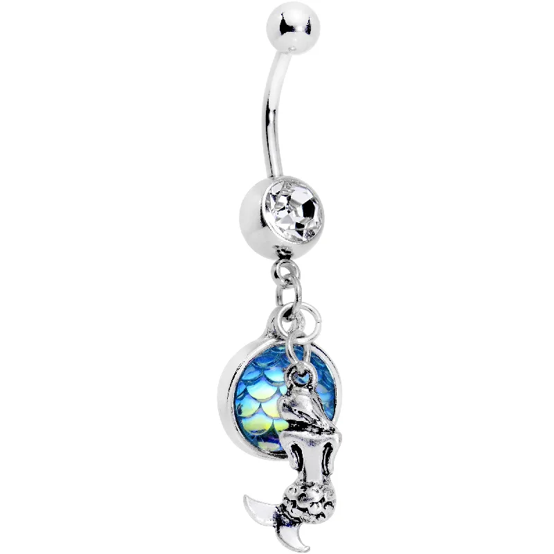 Trendy Belly Rings with Modern Touch -Clear Gem Iridescent Aqua Scale Mini Mermaid Dangle Belly Ring Trendy Belly Rings with Modern Touch -Clear Gem Iridescent Aqua Scale Mini Mermaid Dangle Belly Ring