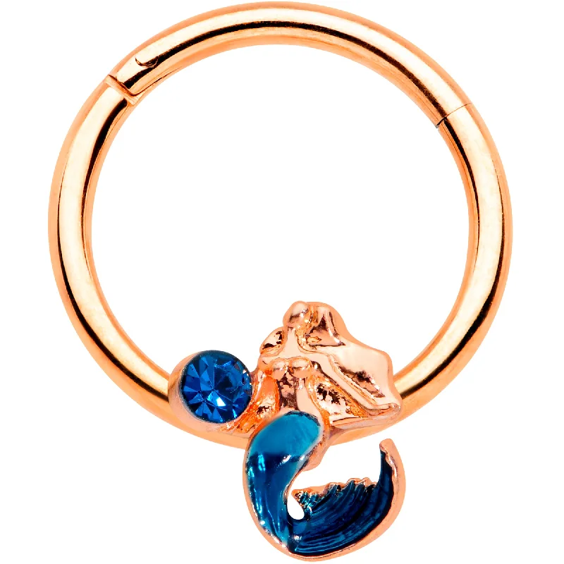 Nose Rings for Classic Looks -16 Gauge 3/8 Aqua Gem Rose Gold Tone Mermaid Hinged Segment Ring Nose Rings for Classic Looks -16 Gauge 3/8 Aqua Gem Rose Gold Tone Mermaid Hinged Segment Ring