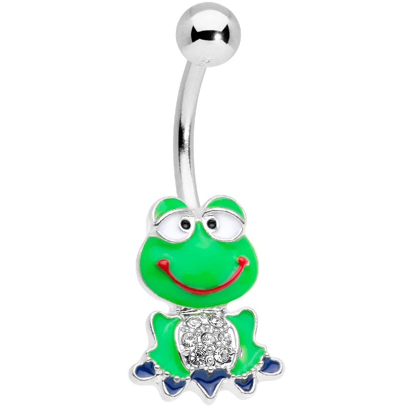 Comfortable Belly Rings for Sensitive Piercings -Clear Gem Green Goofy Frog Belly Ring Comfortable Belly Rings for Sensitive Piercings -Clear Gem Green Goofy Frog Belly Ring