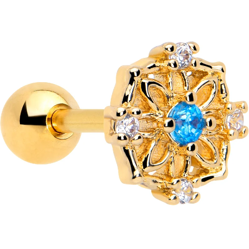Women's Earrings – Elegant Designs for Every Personality--16 Gauge 1/4 Blue CZ Gem Gold Tone Flower Ring Cartilage Tragus Earring