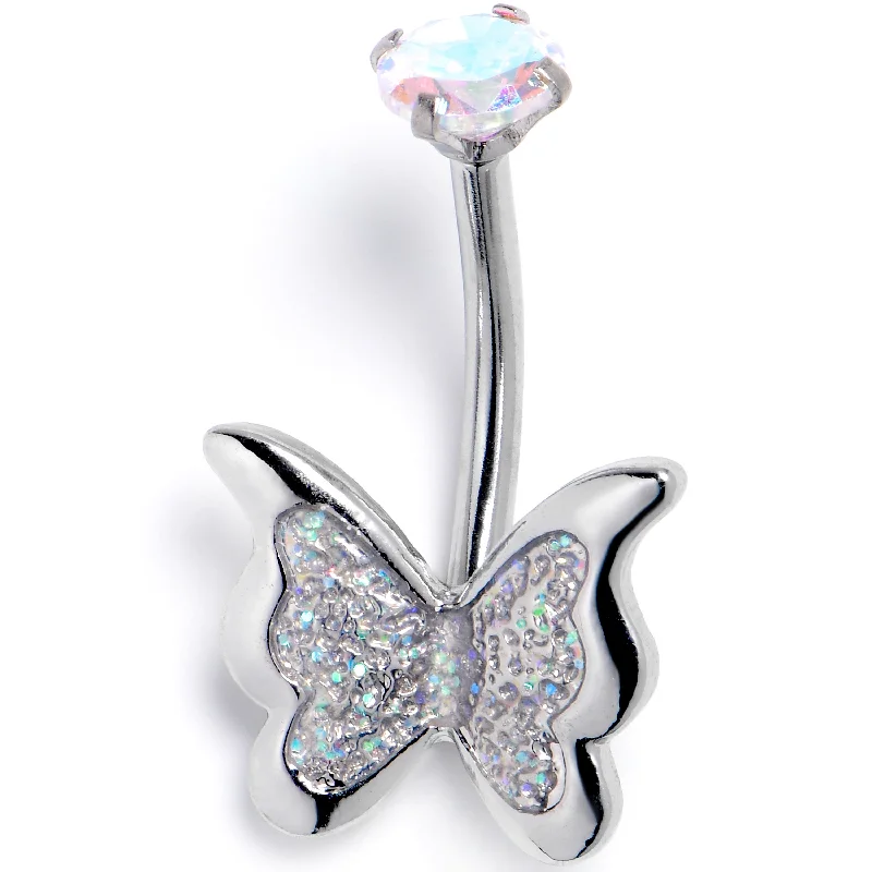Unique Belly Rings with Sparkling Details -Aurora CZ Gem Fab Butterfly Internally Threaded Belly Ring Unique Belly Rings with Sparkling Details -Aurora CZ Gem Fab Butterfly Internally Threaded Belly Ring