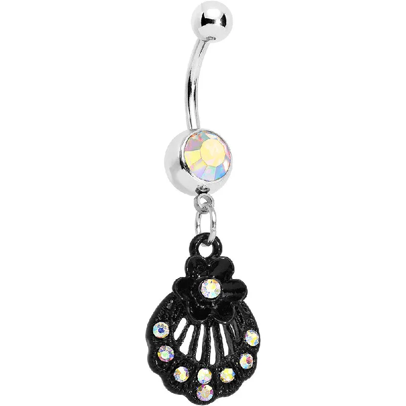 Beautiful Belly Rings for Stunning Style -Aurora Czech Stone Black Floral Seashell Dangle Belly Ring Beautiful Belly Rings for Stunning Style -Aurora Czech Stone Black Floral Seashell Dangle Belly Ring