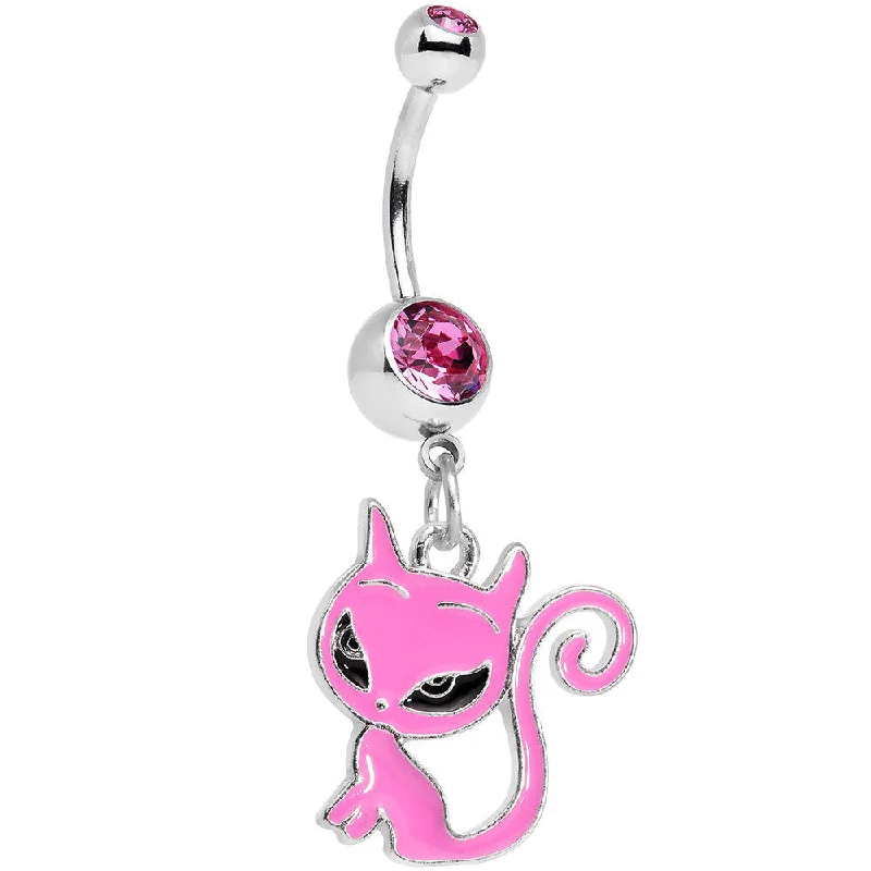 Designer Belly Rings for Dazzling Effect -Pink Gem Kitten Dangle Belly Ring