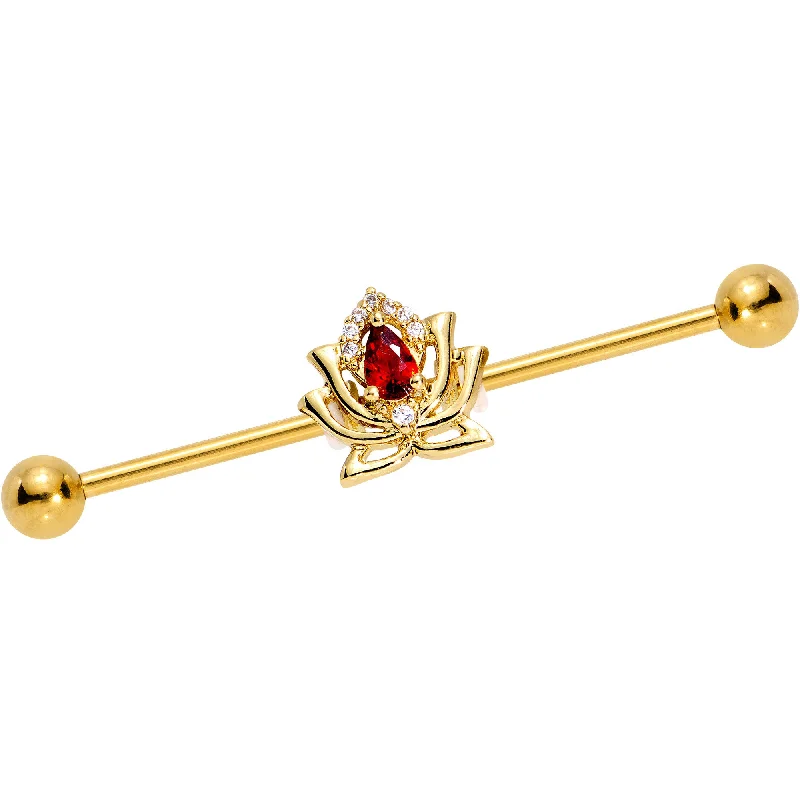 Women's Earrings – Elegant Designs for Every Personality--Red Clear Gem Gold PVD Red Hot Lotus Flower Industrial Barbell 38mm