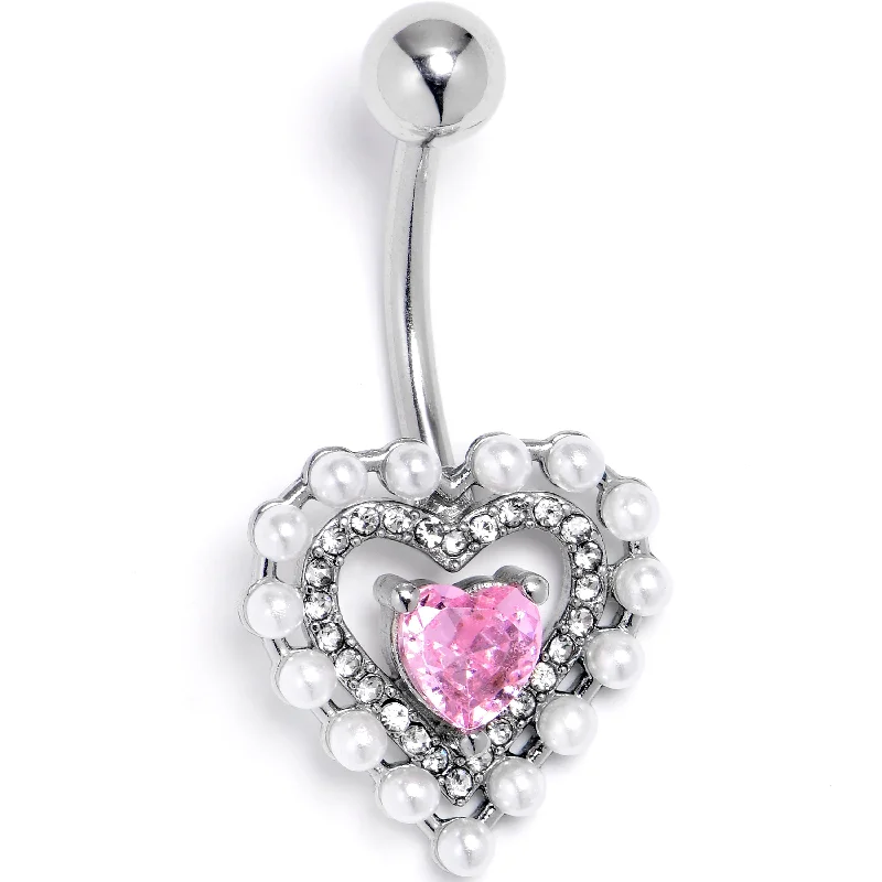 Trendy Belly Rings for Everyday Glam -Pink CZ Gem Pearly Heart Pair Belly Ring