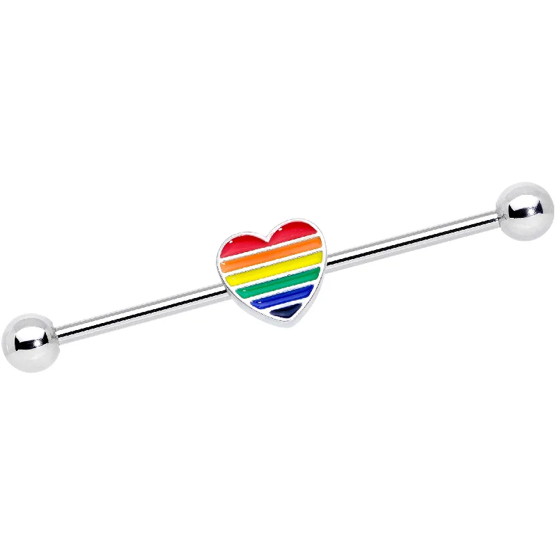 Women's Earrings – Elegant Designs for Every Personality--14 Gauge Rainbow Pride Heart Industrial Barbell 38mm